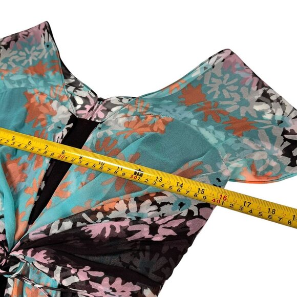 Diane von Furstenberg Floral Silk Dress Sz.6 Blue Brown Sort Sleeve Fairy Party - Picture 6 of 14